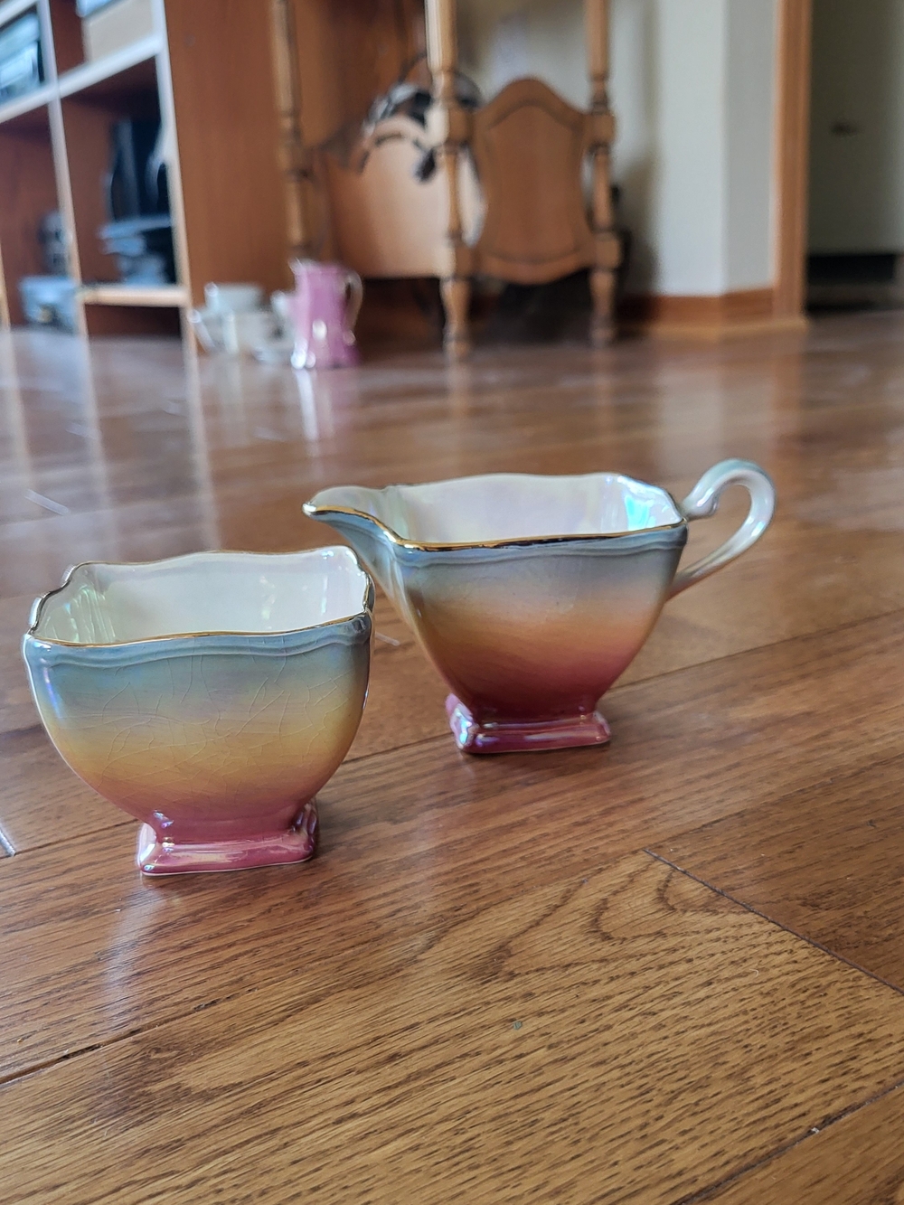 Iridescent Pink to Blue Vintage Creamer and Sugar Set Royal Winton Grimwades